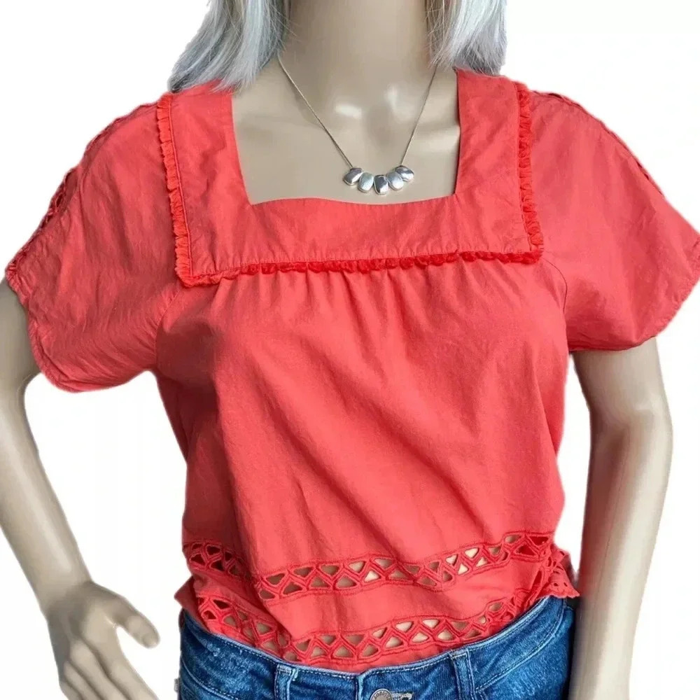 Madewell Top Angelica Rusty Orange Eyelet Short Sleeve Blouse Women’s Size XS - Picture 3 of 12